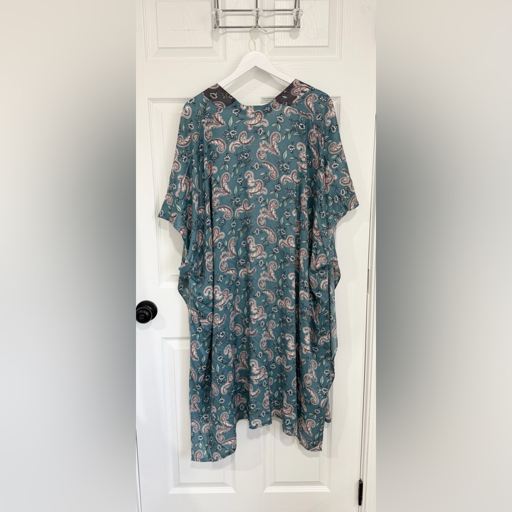 Ann Taylor LOFT Teal Paisley Lightweight Floral Open-Front Kimono - One Size - Picture 7 of 7